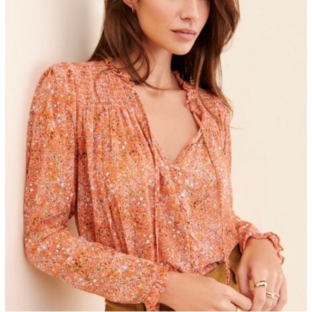Free People Lela Floral Smocked Chiffon Peasant Blouse size small